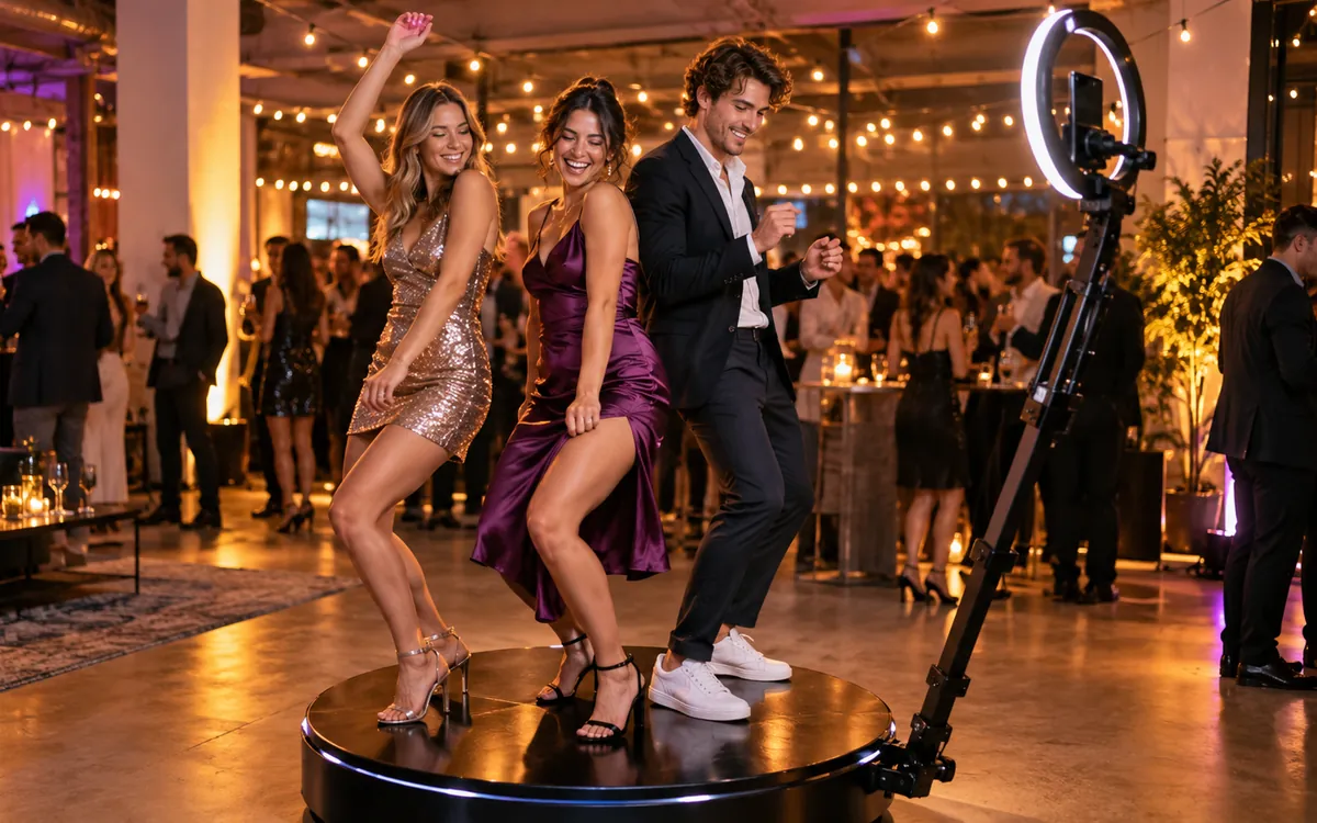 Drei Gäste tanzen auf der 360°-Plattform, daneben Kameraarm mit Ringlicht, Gäste im Festsaal
