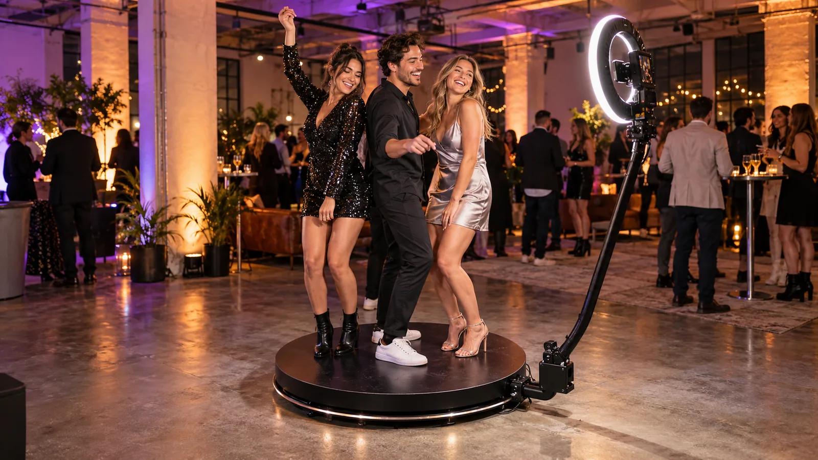 Gäste feiern auf der 360°-Plattform im festlich beleuchteten Saal