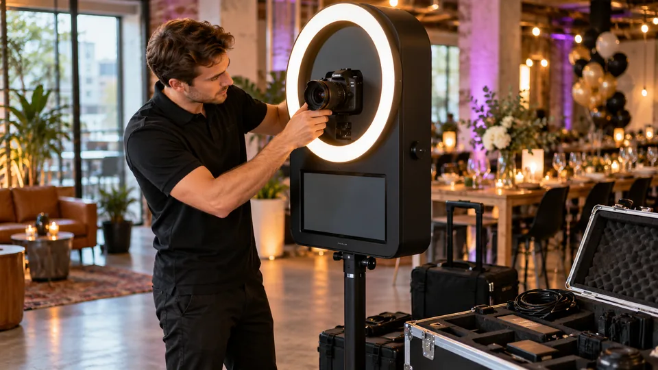 Mitarbeiter richtet Kamera und Ringlicht der Fotobox ein