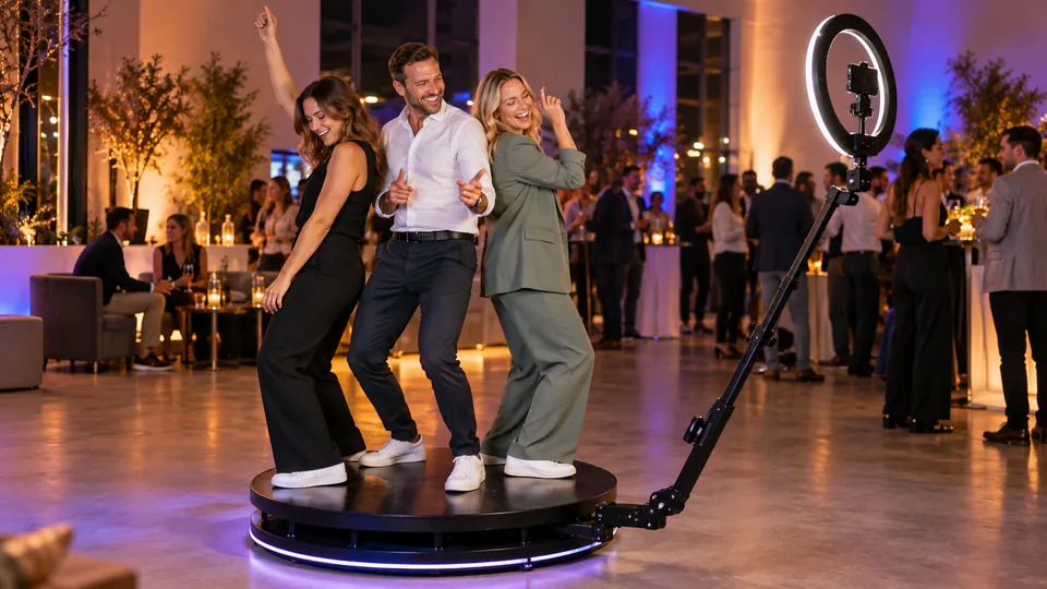 Zwei Gäste auf der 360°-Plattform, lila beleuchteter Festsaal