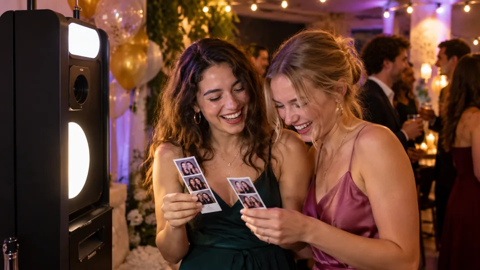 Zwei Freundinnen lachen über ihren frisch gedruckten Fotostreifen