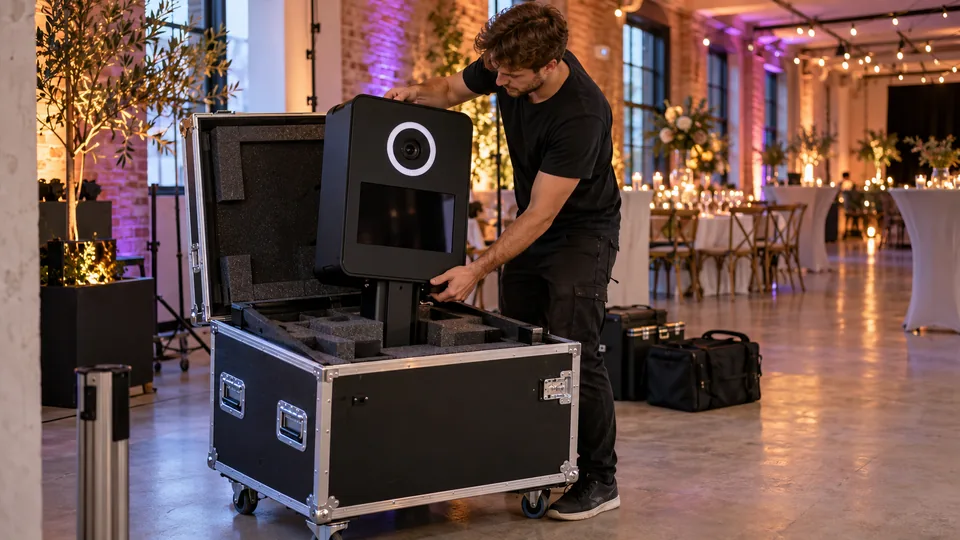 Mitarbeiter packt die Fotobox aus dem Transportkoffer