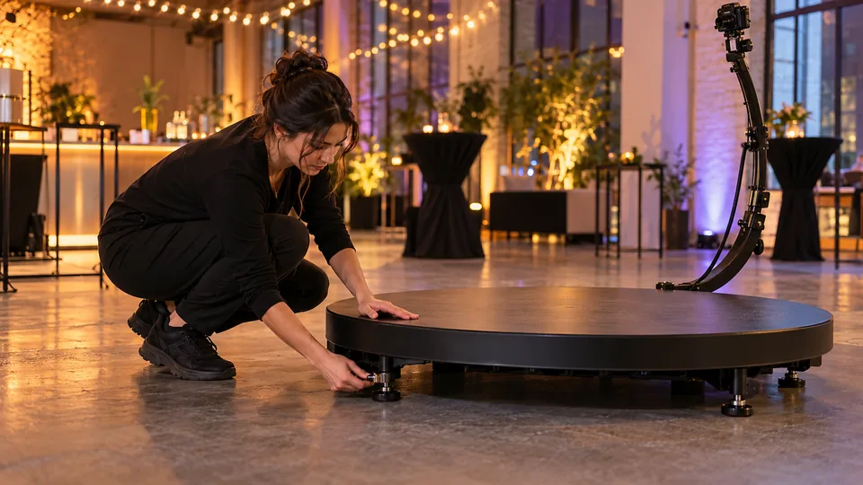 Mitarbeiter baut die 360°-Plattform im Festsaal auf