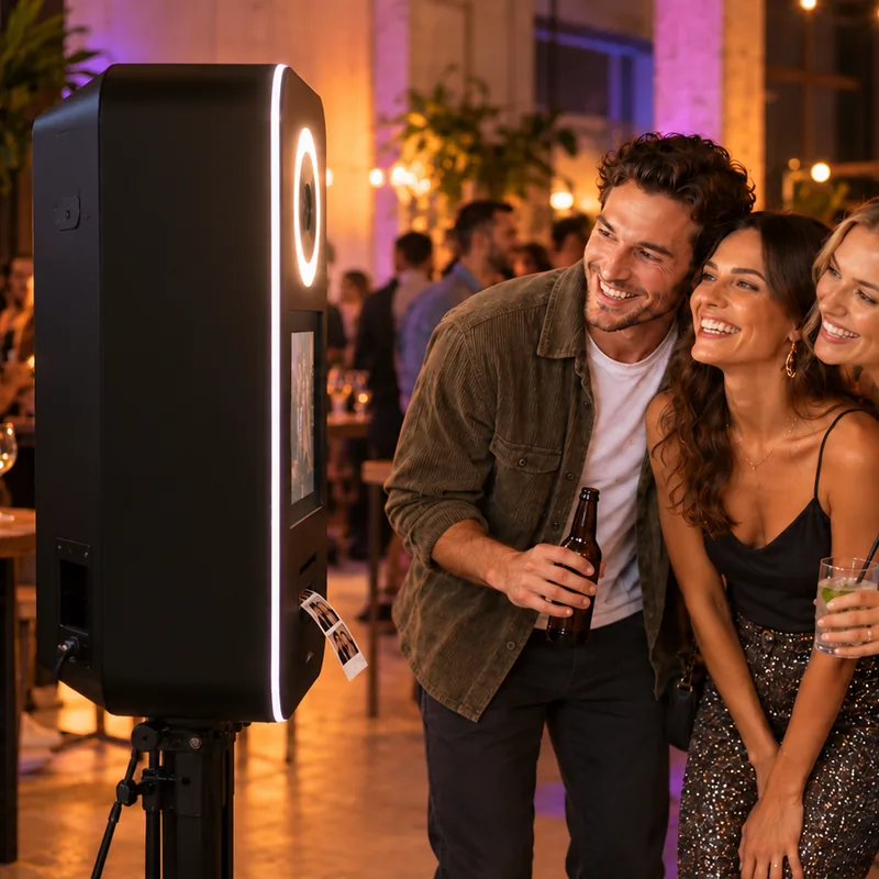 Drei Freunde posieren lachend vor der Fotobox mit Ringlicht