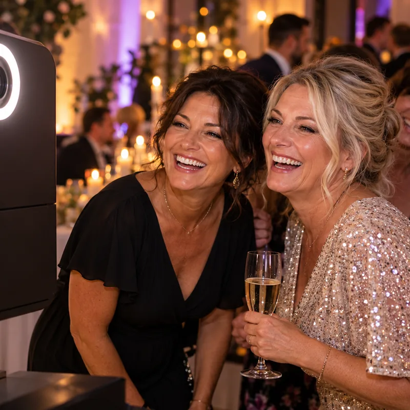 Zwei Freundinnen mit Sektgläsern lachen vor der Fotobox