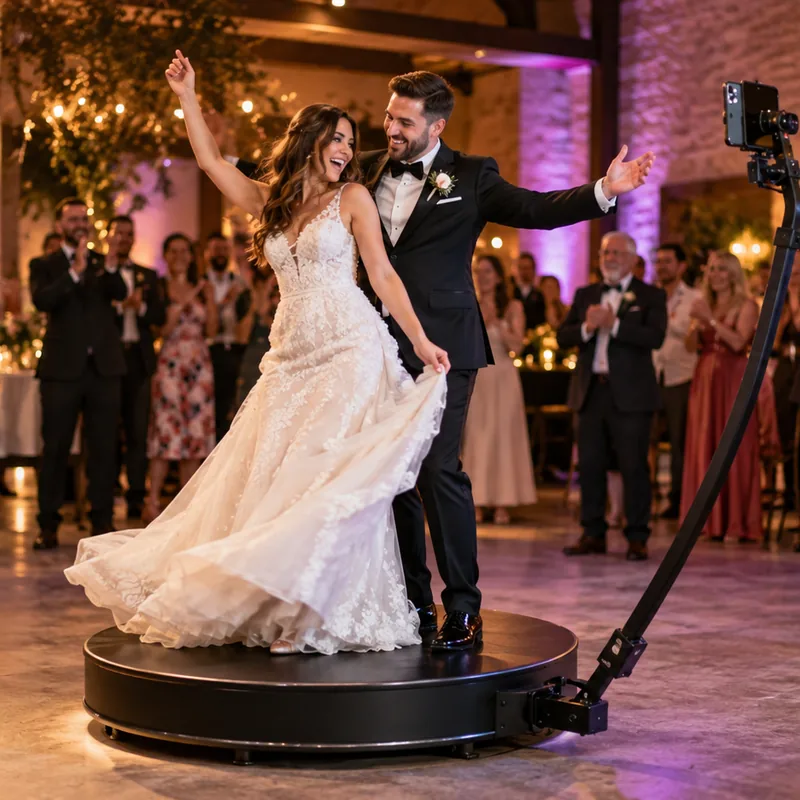 Braut dreht sich im weißen Kleid auf der 360°-Plattform